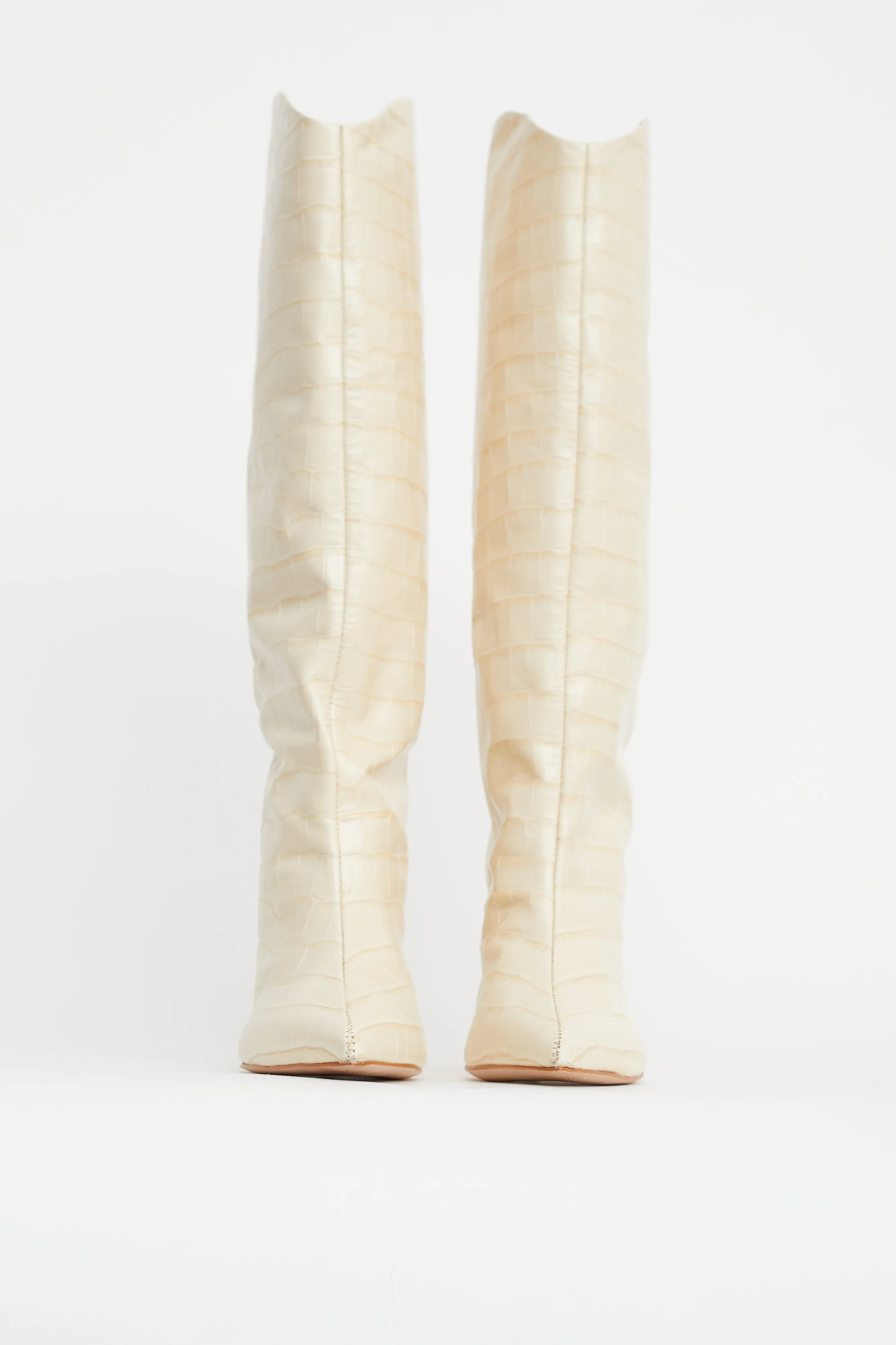 Cream Embossed Knee High Boot