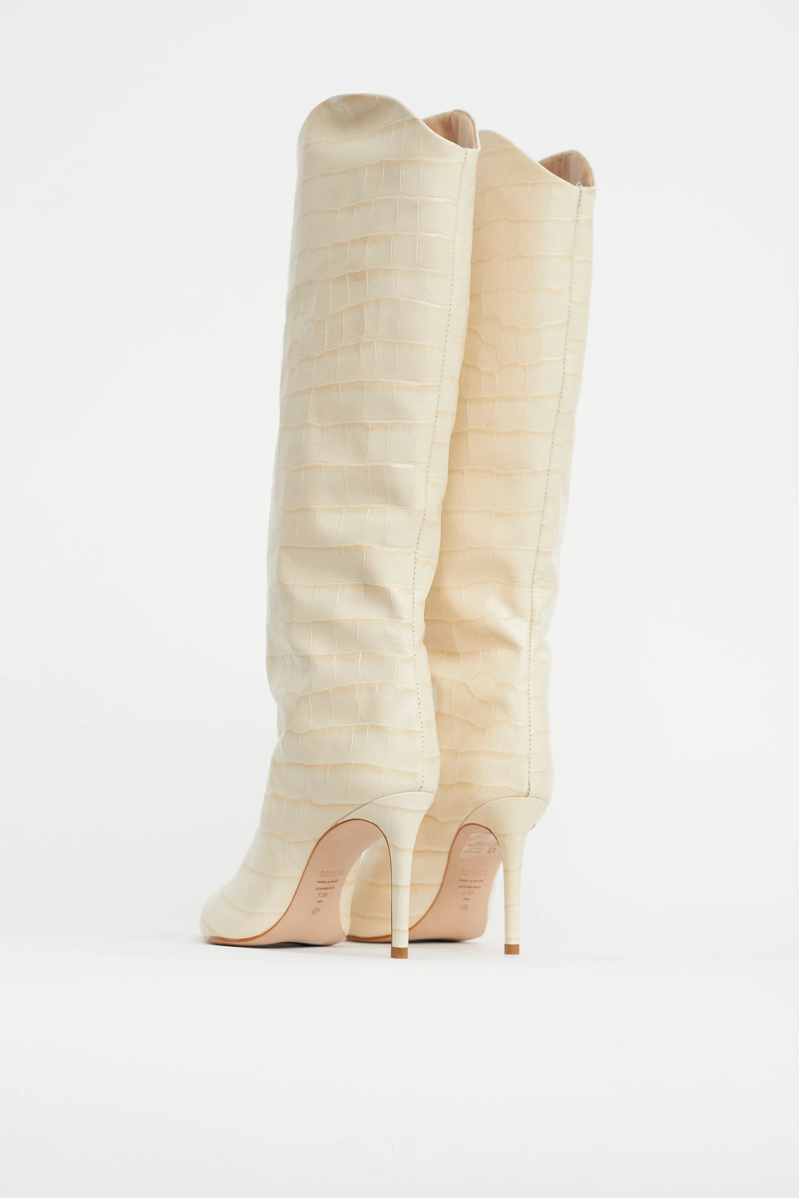 Cream Embossed Knee High Boot