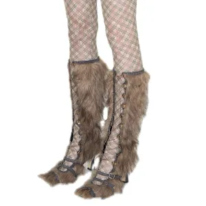 Denim Binded Lace Up Faux Fur Caterpillar Boots