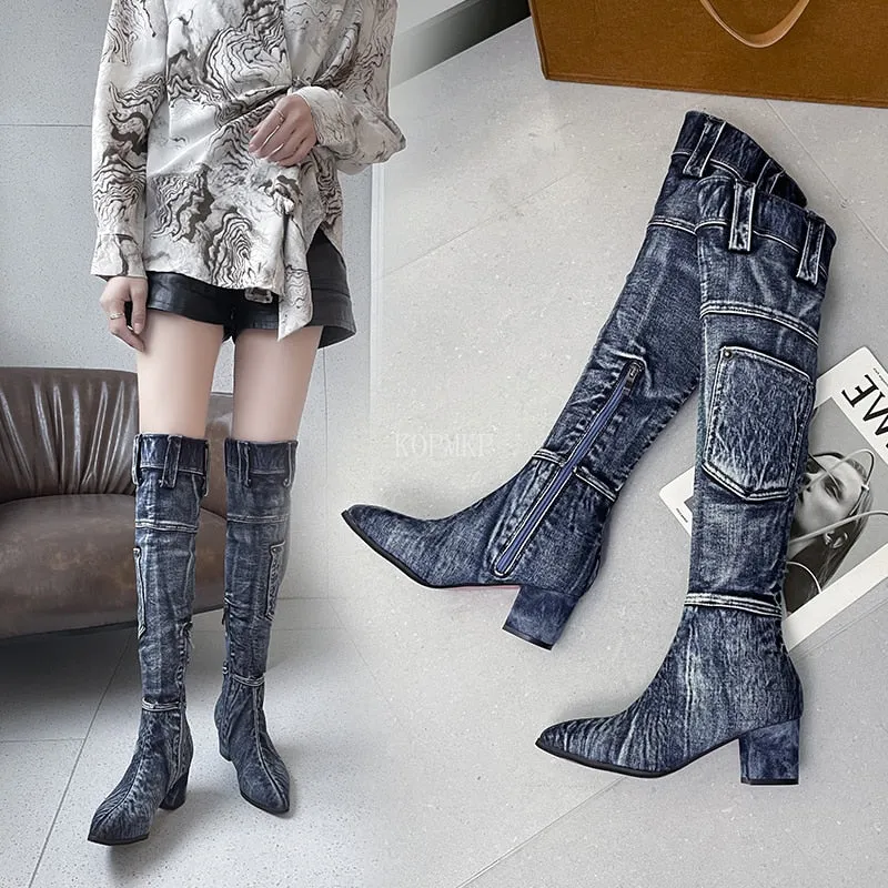 Denim Knee-High Boots