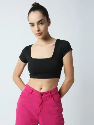 Disrupt Women Black Box Neck Slim Fit Smart Crop Top