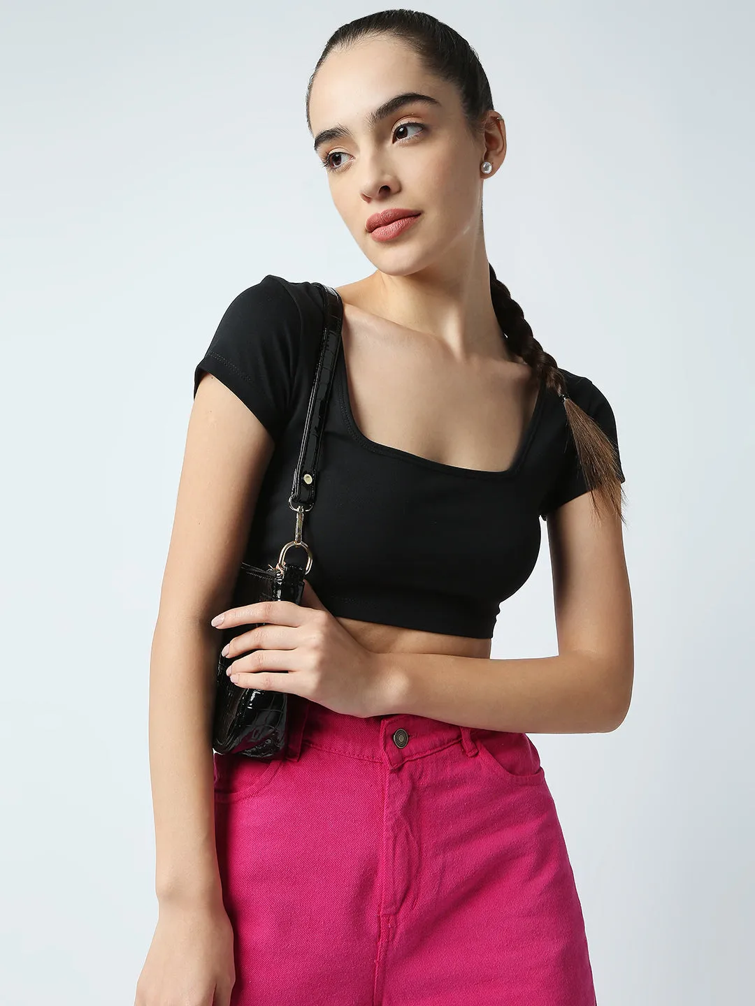 Disrupt Women Black Box Neck Slim Fit Smart Crop Top