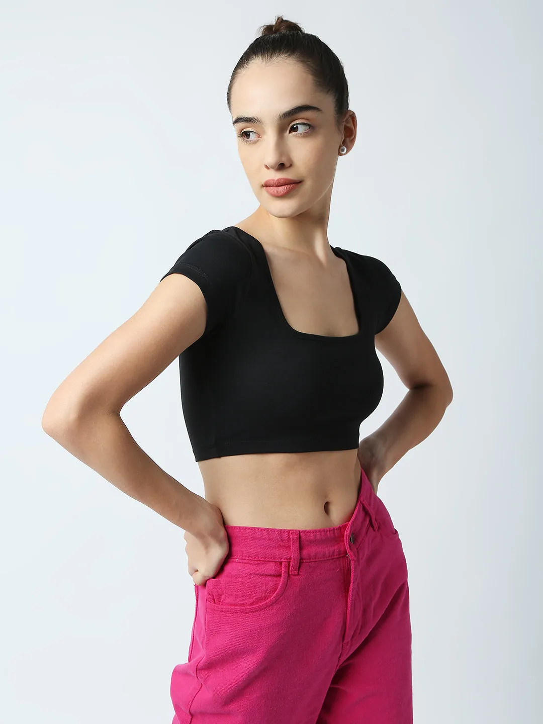 Disrupt Women Black Box Neck Slim Fit Smart Crop Top