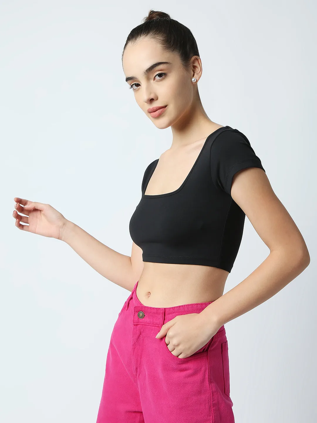 Disrupt Women Black Box Neck Slim Fit Smart Crop Top