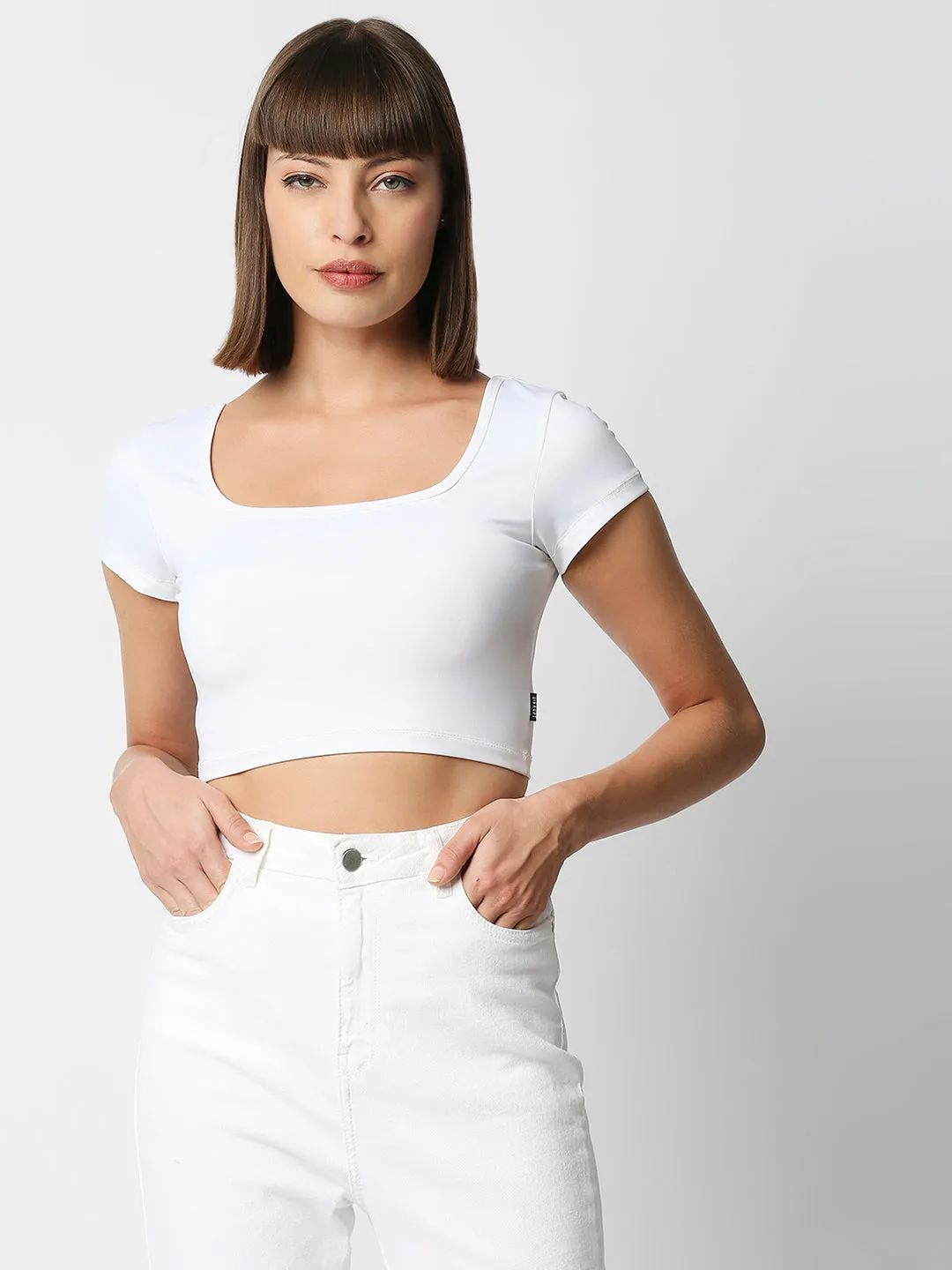 Disrupt Women White Box Neck Slim Fit Smart Crop Top