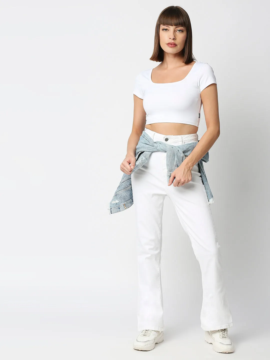 Disrupt Women White Box Neck Slim Fit Smart Crop Top