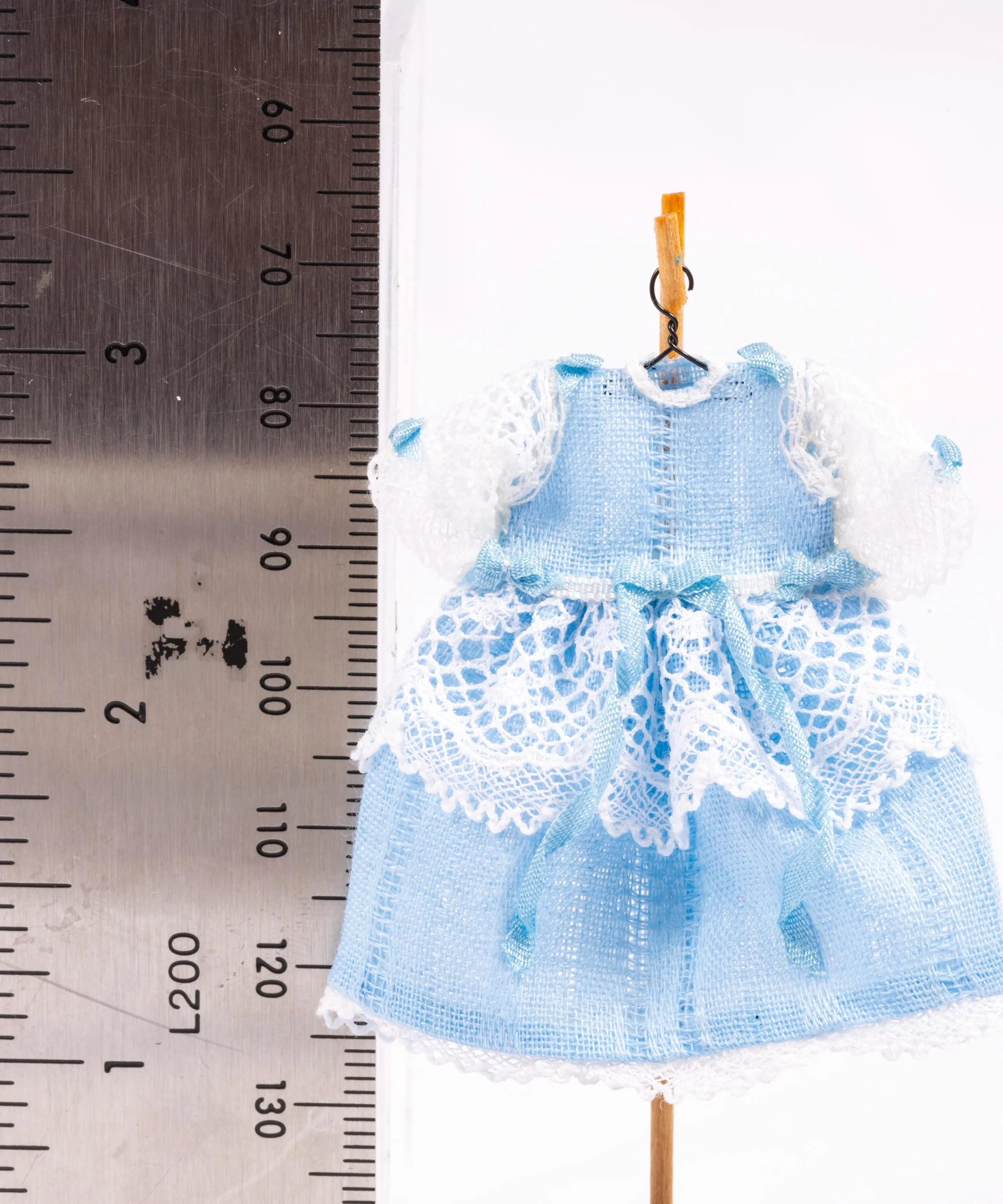 Dollhouse Miniature ~ Baby Blue Little Girl's Dress on Wooden Clothes Stand with Blue Socks & Shoes by Cheryl Warder Artisan Made