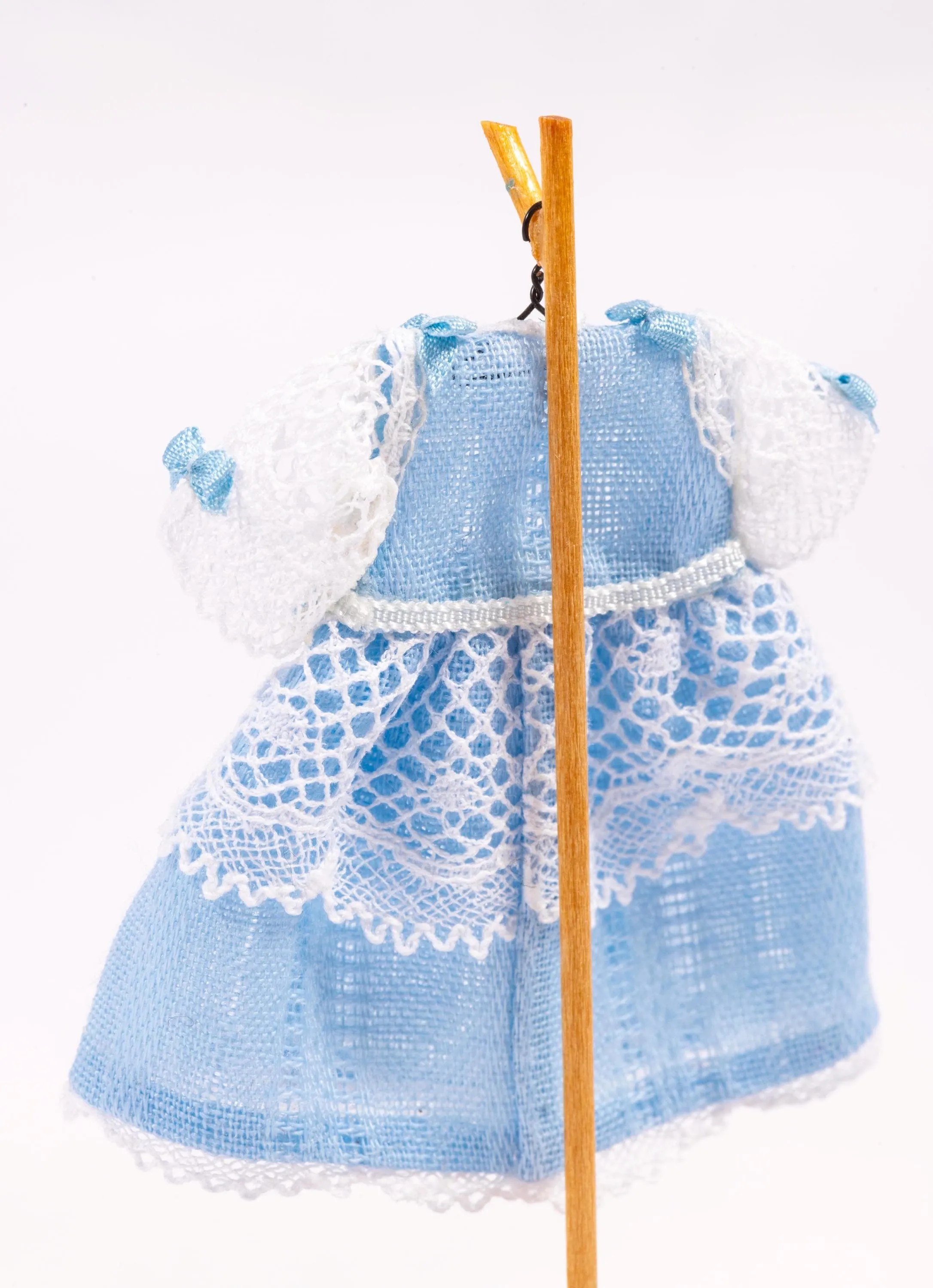 Dollhouse Miniature ~ Baby Blue Little Girl's Dress on Wooden Clothes Stand with Blue Socks & Shoes by Cheryl Warder Artisan Made