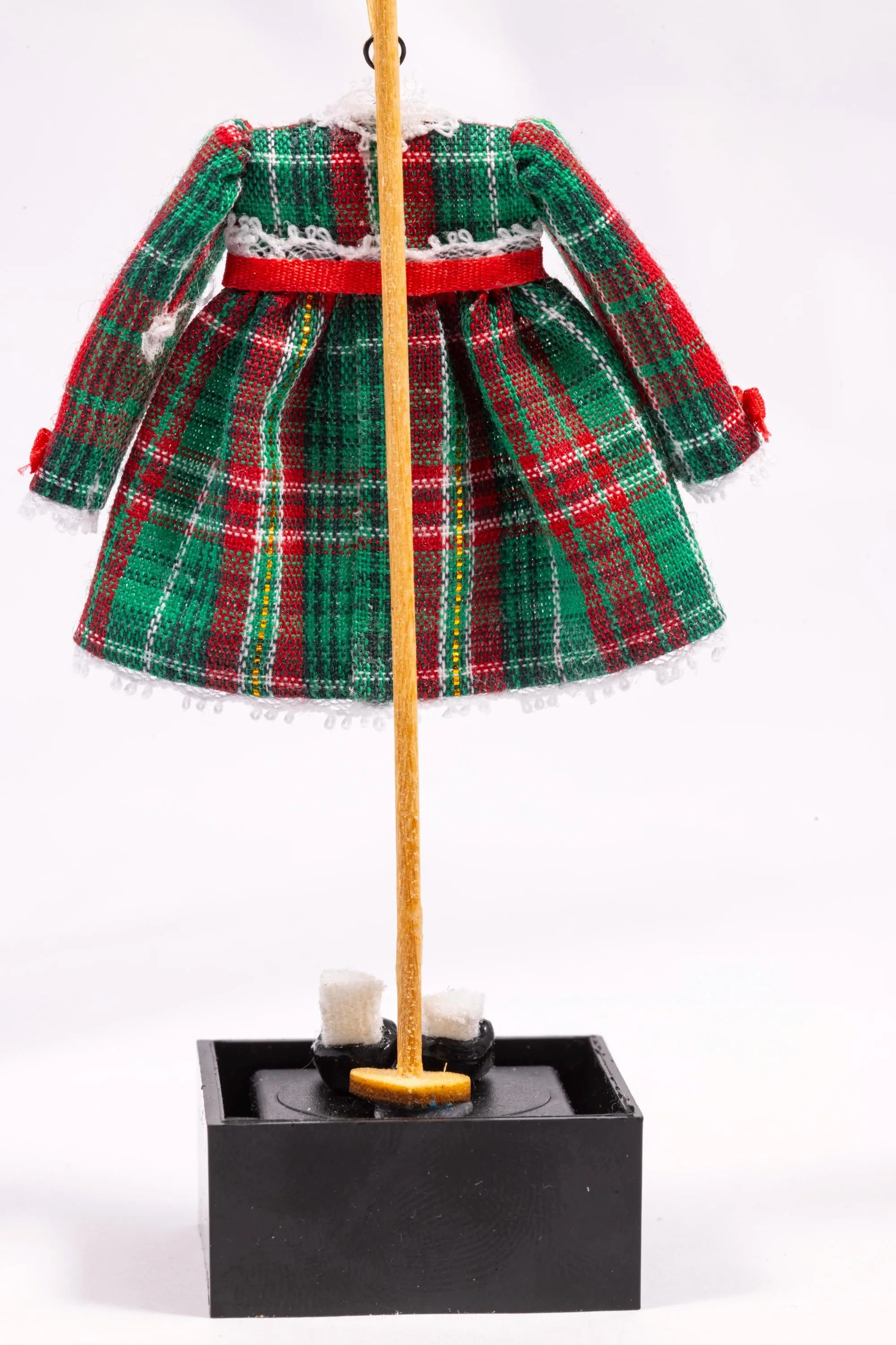 Dollhouse Miniature ~ Christmas Plaid Little Girl's Dress with White Socks & Shoes on Wooden Clothes Stand by Cheryl Warder Artisan Made