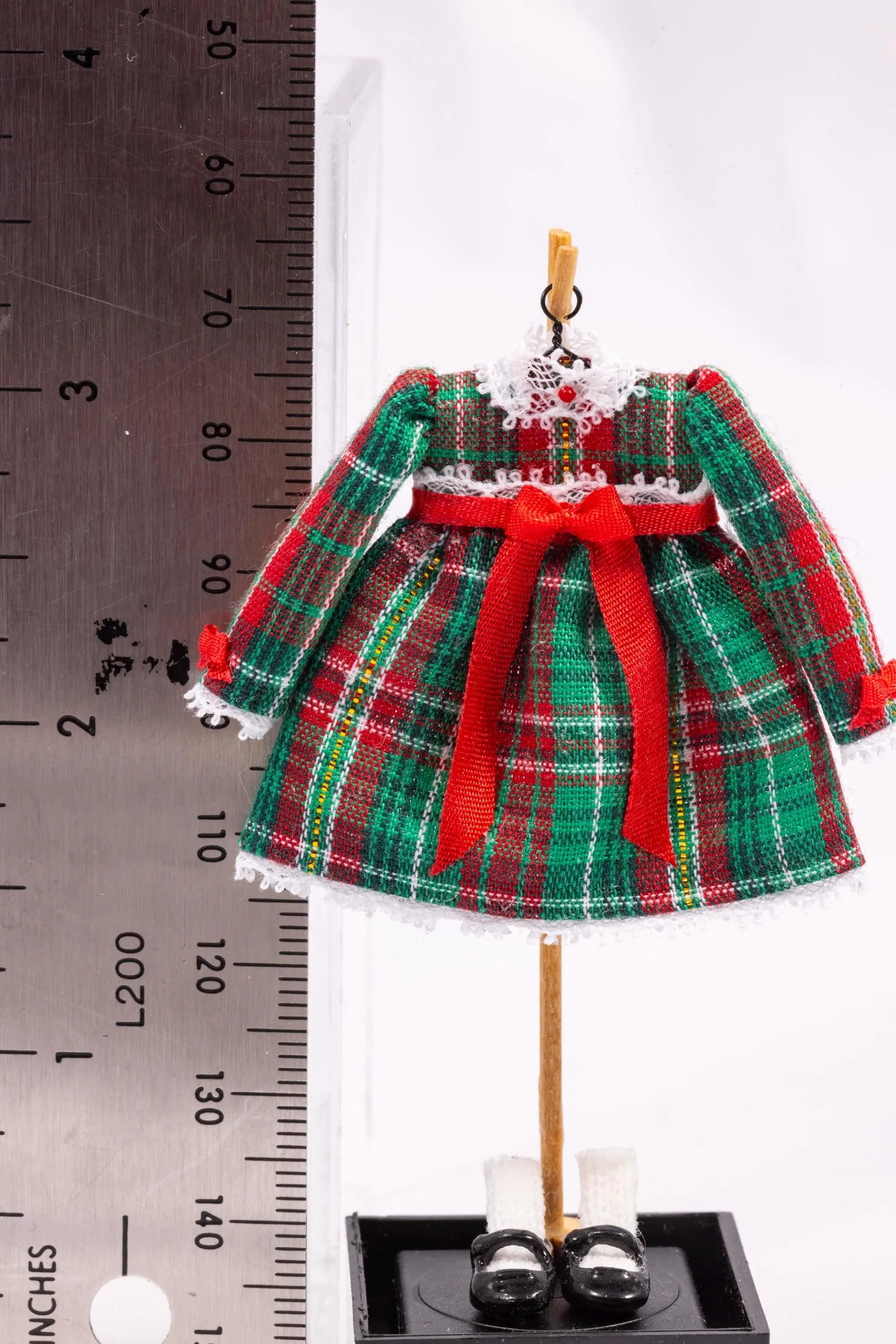 Dollhouse Miniature ~ Christmas Plaid Little Girl's Dress with White Socks & Shoes on Wooden Clothes Stand by Cheryl Warder Artisan Made