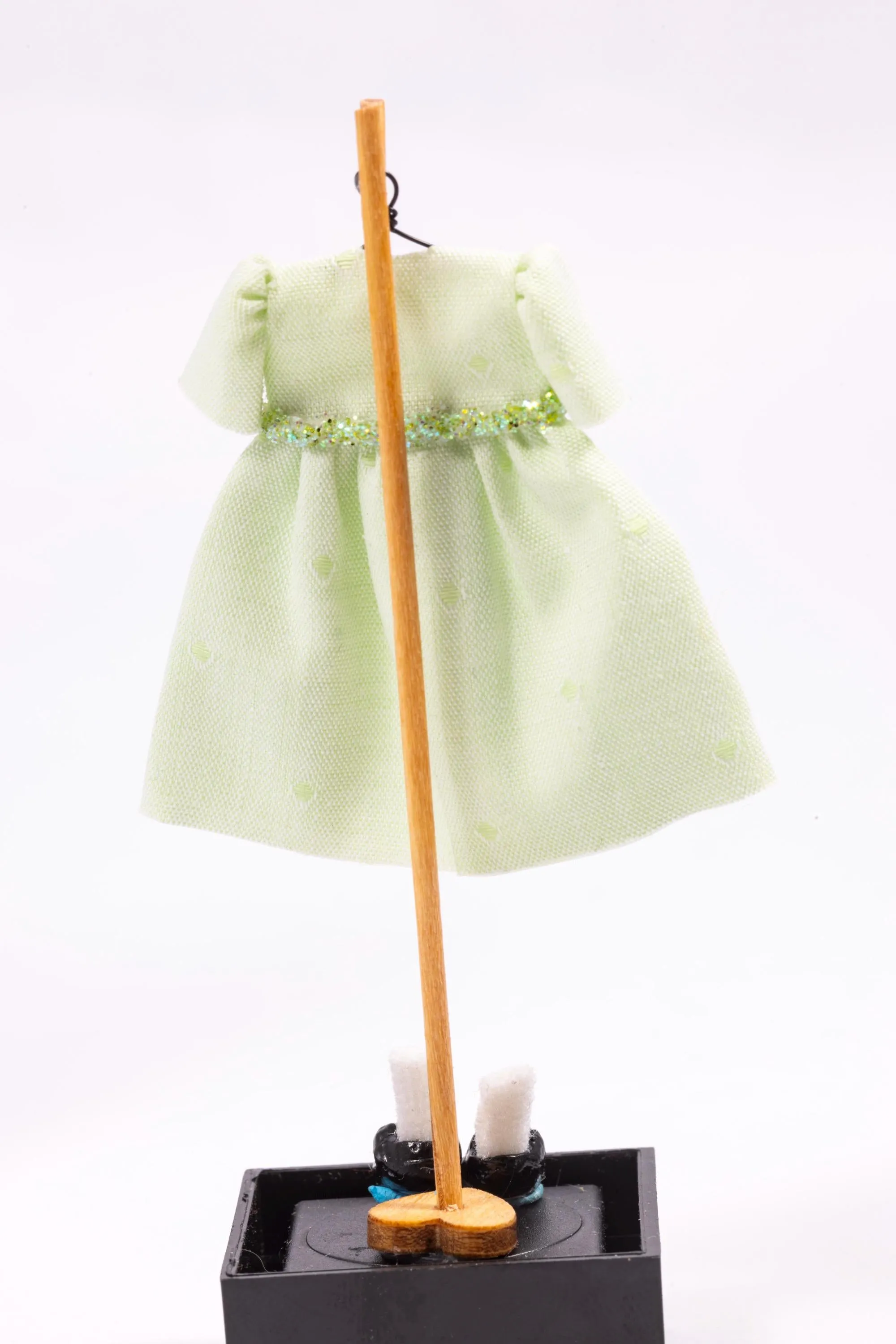 Dollhouse Miniature ~ Light Green Little Girl's Dress with White Socks and Shoes on Wooden Clothes Stand by Cheryl Warder Artisan Made
