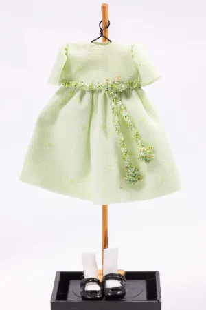 Dollhouse Miniature ~ Light Green Little Girl's Dress with White Socks and Shoes on Wooden Clothes Stand by Cheryl Warder Artisan Made