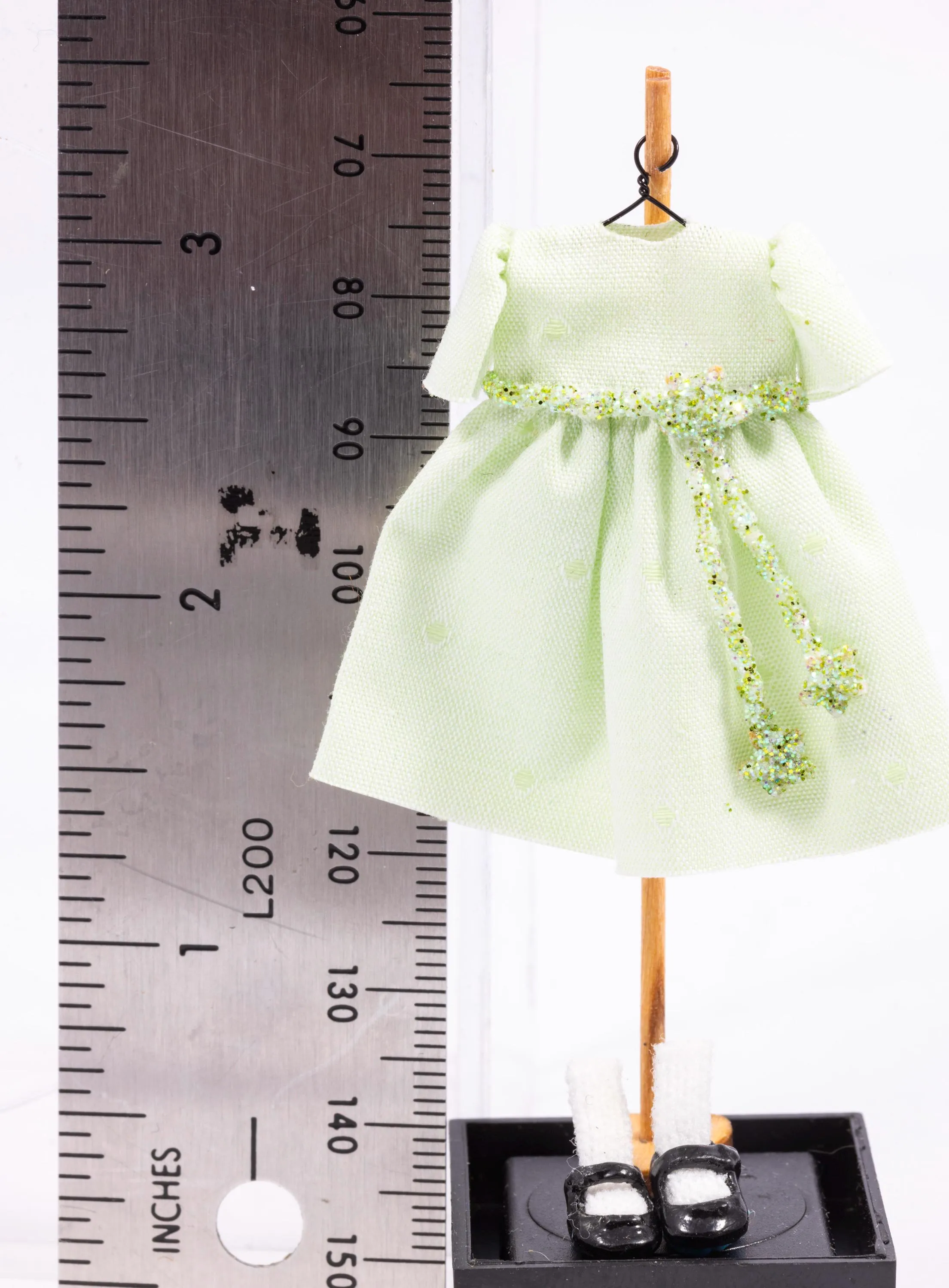 Dollhouse Miniature ~ Light Green Little Girl's Dress with White Socks and Shoes on Wooden Clothes Stand by Cheryl Warder Artisan Made