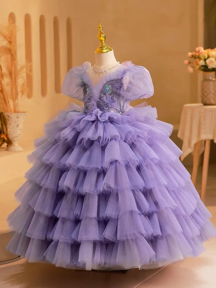 Dreamy Purple Princess Dress Tiered Tulle Girl's Gown