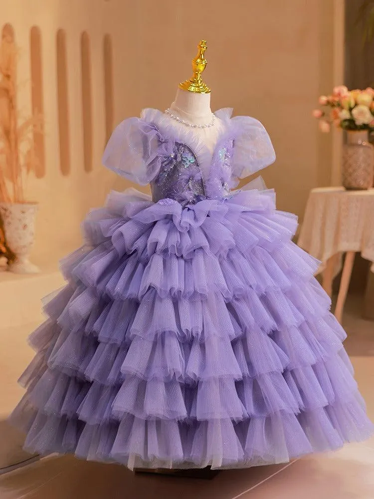 Dreamy Purple Princess Dress Tiered Tulle Girl's Gown