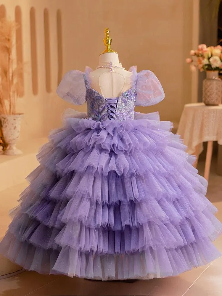 Dreamy Purple Princess Dress Tiered Tulle Girl's Gown