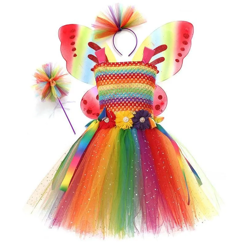Dreamy Rainbow Fairy Dress Girl's Colorful Butterfly Flower Princess Dress Carnival Christmas performance costumes