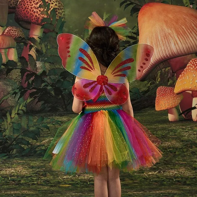 Dreamy Rainbow Fairy Dress Girl's Colorful Butterfly Flower Princess Dress Carnival Christmas performance costumes