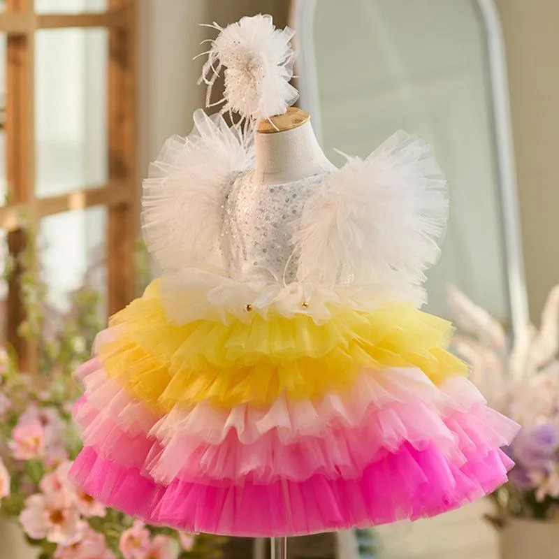 Dreamy Rainbow Princess Dress Colorful Puff Dress for Girls Playful Layered Tulle Dress