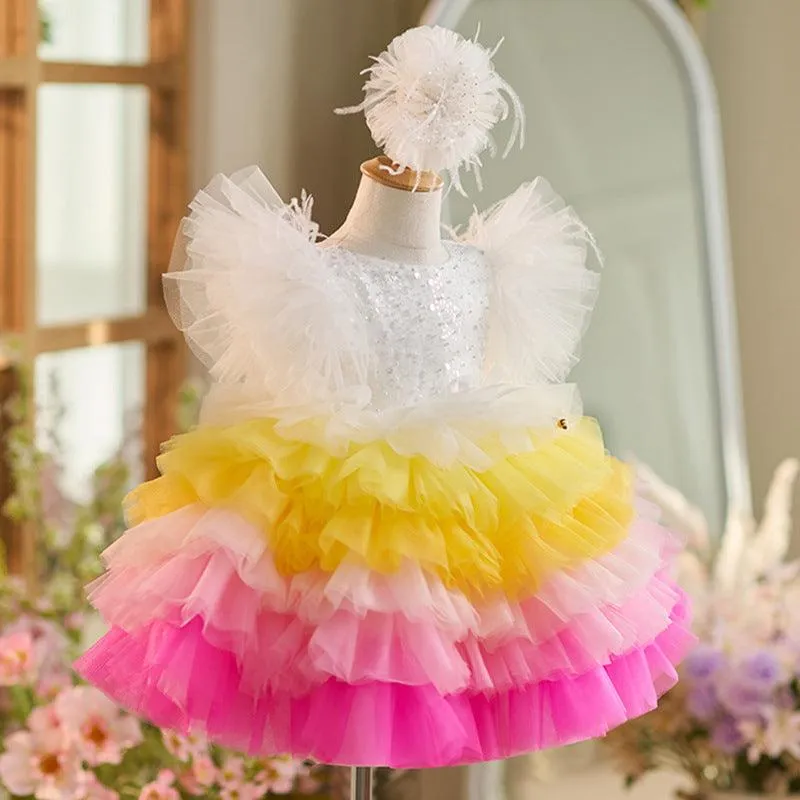 Dreamy Rainbow Princess Dress Colorful Puff Dress for Girls Playful Layered Tulle Dress