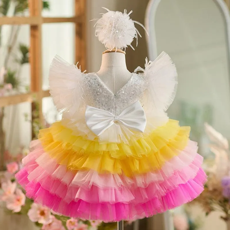 Dreamy Rainbow Princess Dress Colorful Puff Dress for Girls Playful Layered Tulle Dress