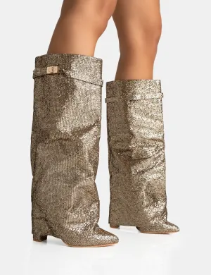 Echo Gold Glitter Twist Lock Detail Fold Over Pointed Toe Knee High Boots