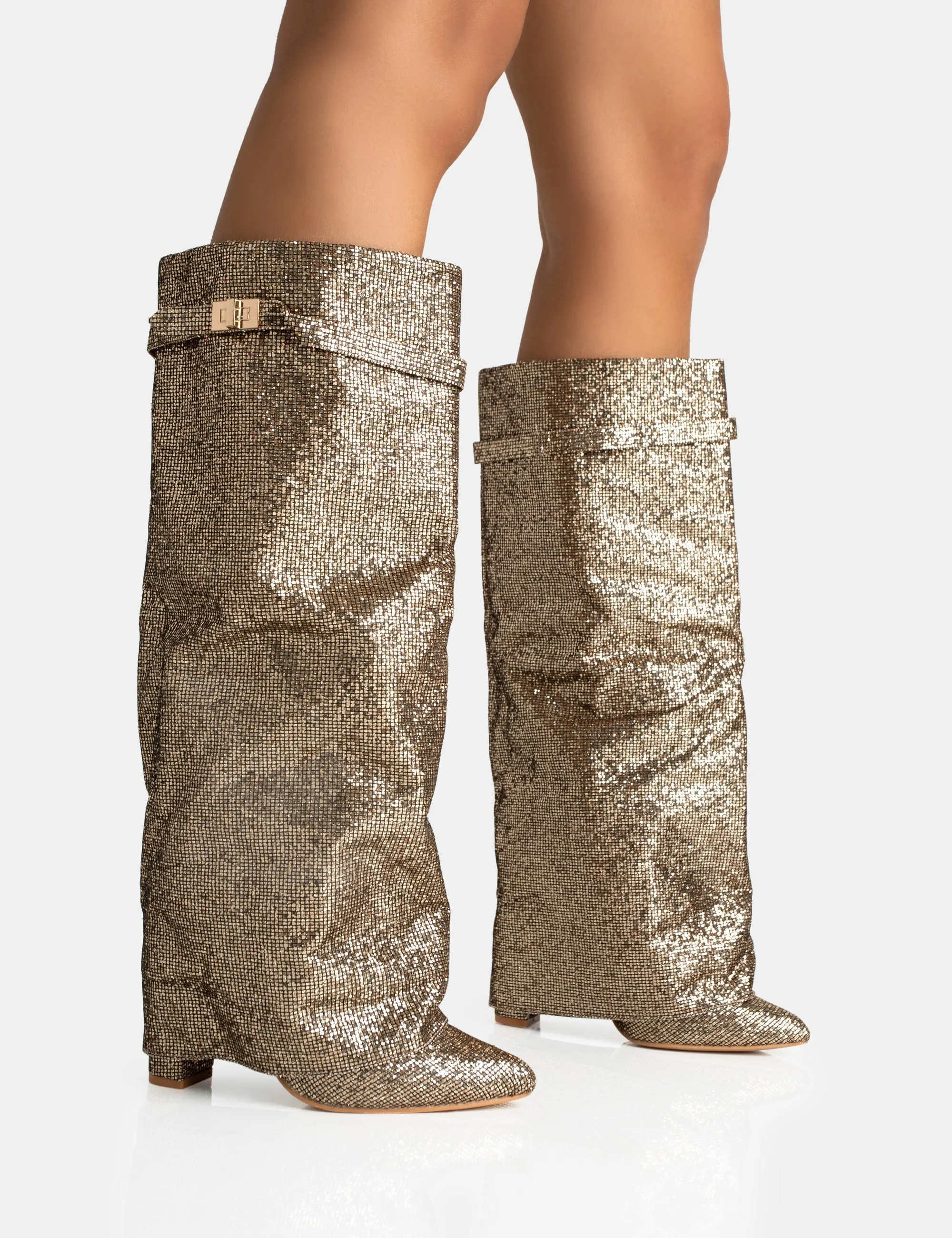 Echo Gold Glitter Twist Lock Detail Fold Over Pointed Toe Knee High Boots