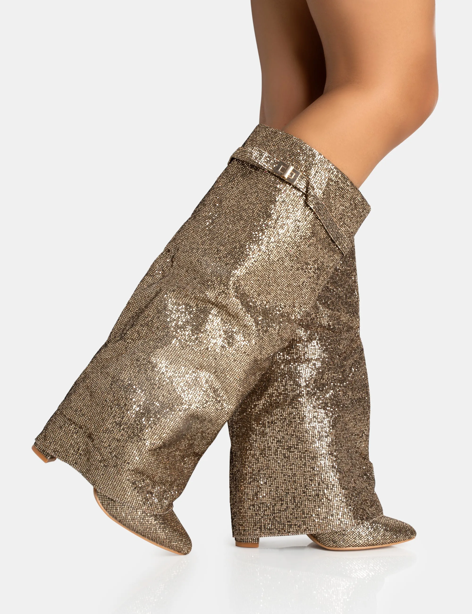 Echo Gold Glitter Twist Lock Detail Fold Over Pointed Toe Knee High Boots