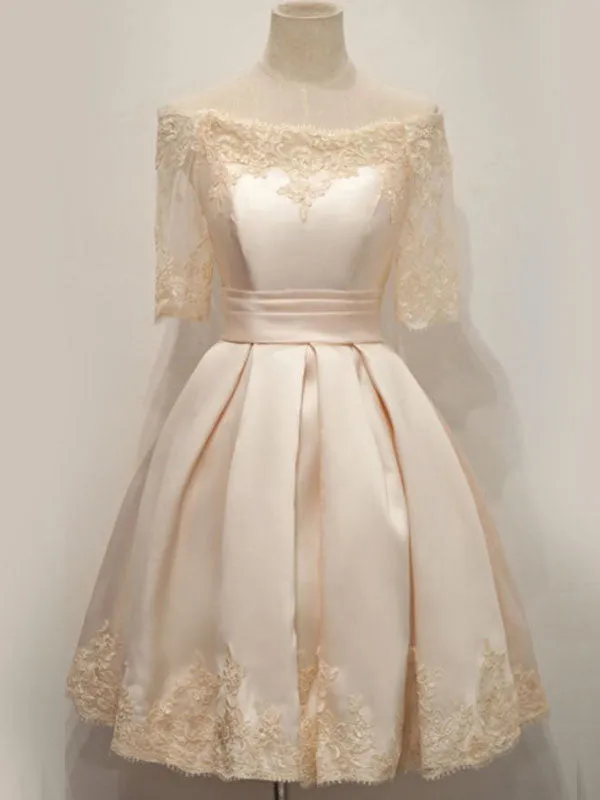 Elegant Blush Yellow Off-shoulder Lace Half Sleeve Short A-line Homecoming Dress, HD3070