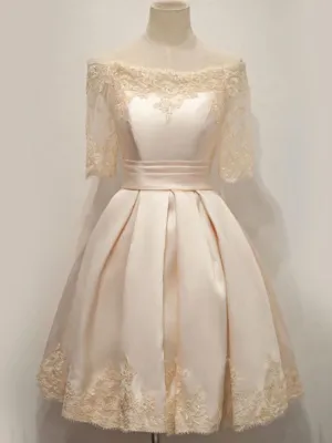 Elegant Blush Yellow Off-shoulder Lace Half Sleeve Short A-line Homecoming Dress, HD3070