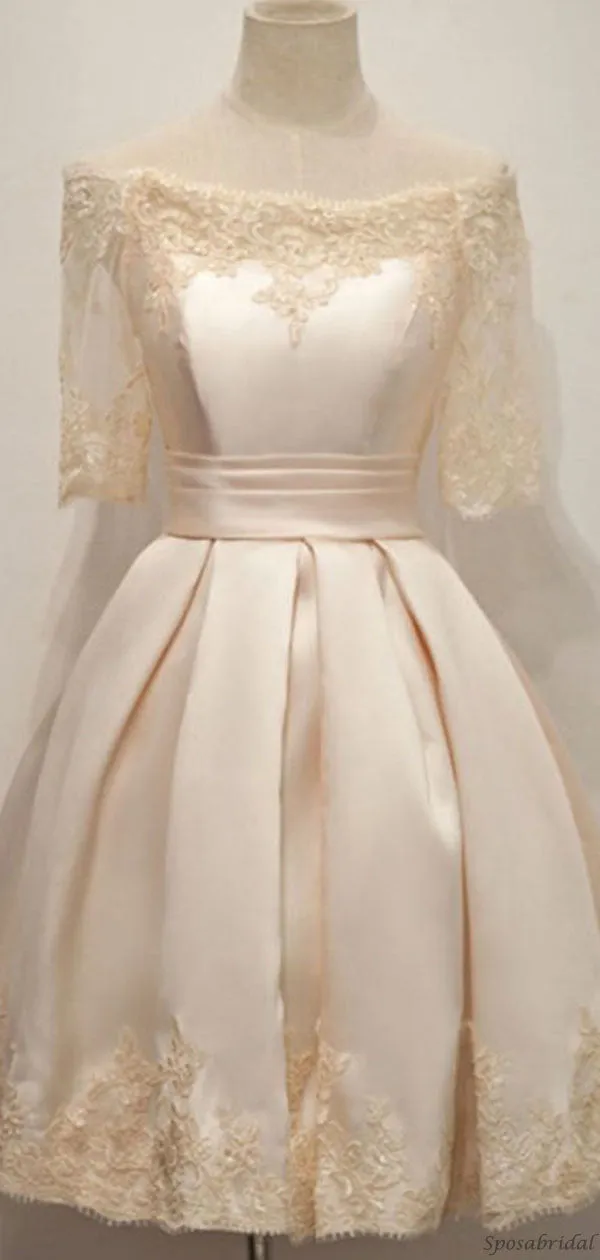 Elegant Blush Yellow Off-shoulder Lace Half Sleeve Short A-line Homecoming Dress, HD3070