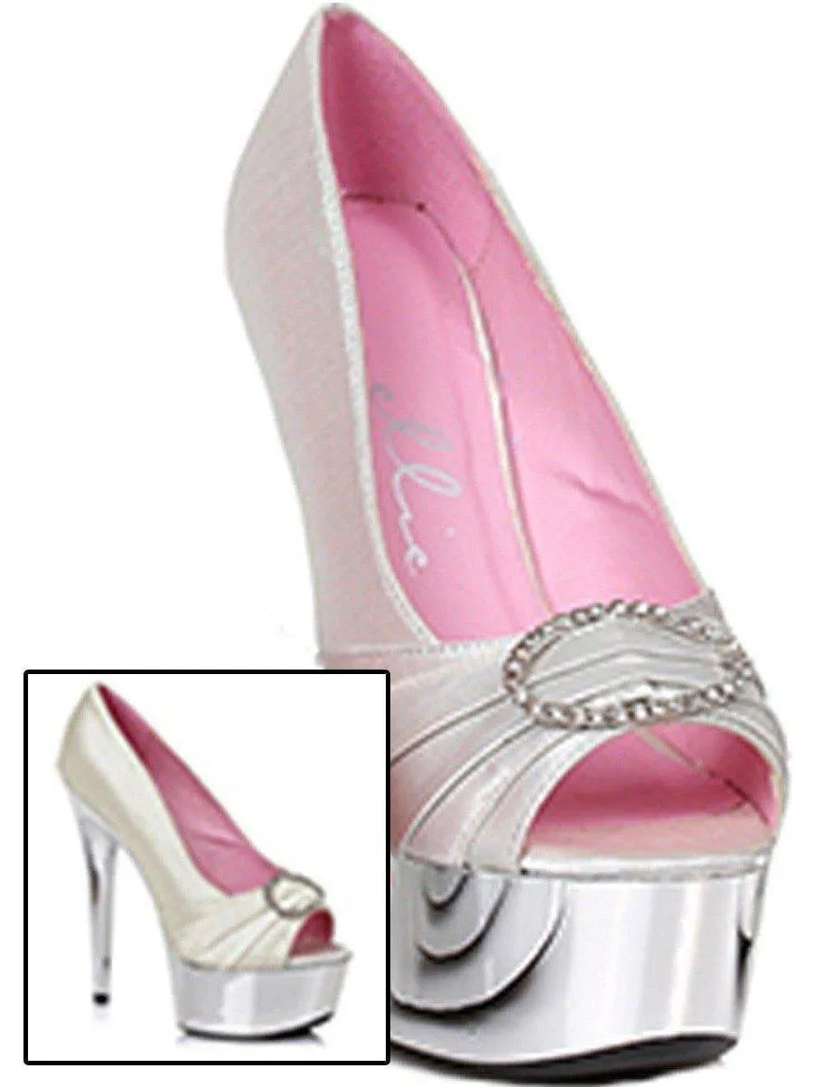 Ellie Shoes E-609-Lauren 6" Satin Women's Peep Toe Chrome Platform with Rhinestone Buckle.