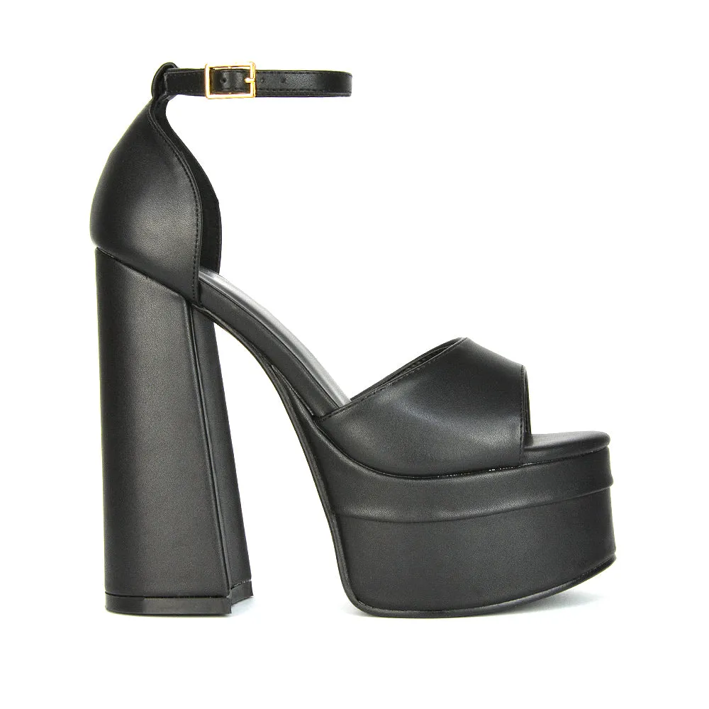 Elma Peep Toe Strappy Block High Heel Platform Sandals in Black Syntheitc Leather