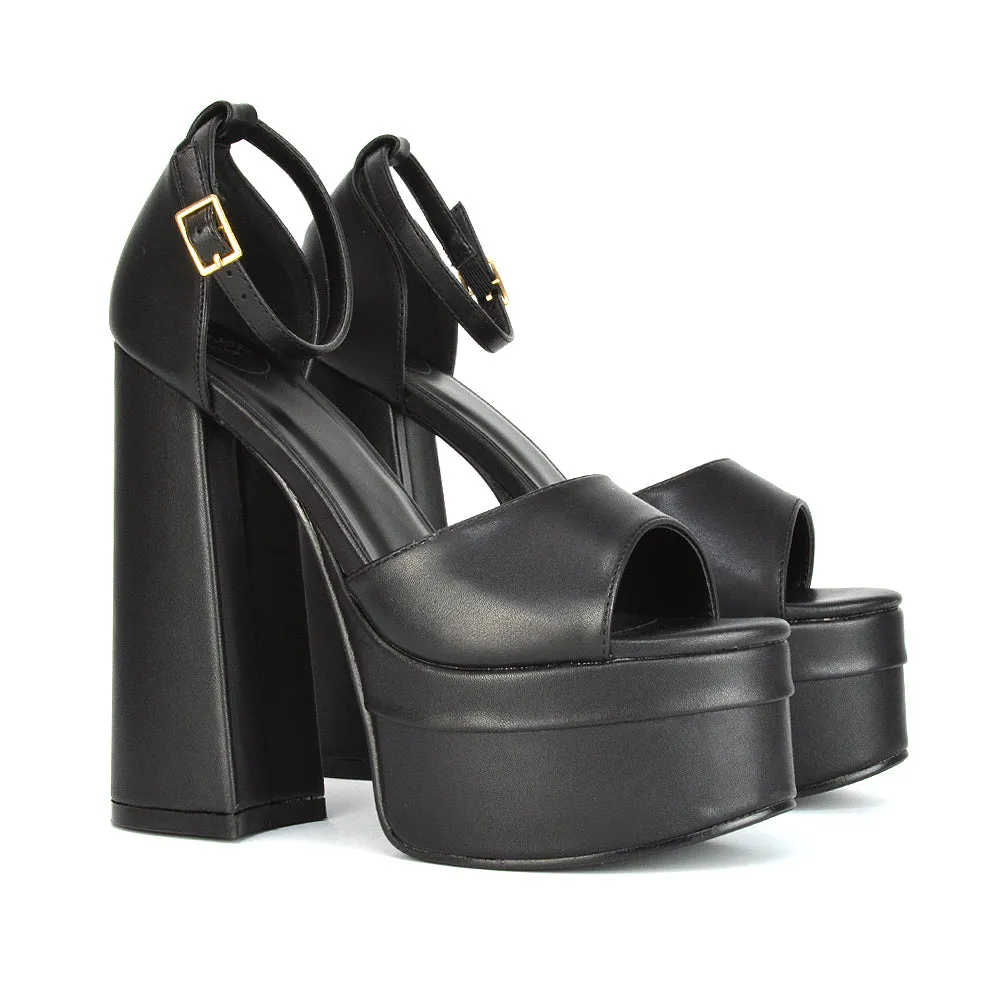 Elma Peep Toe Strappy Block High Heel Platform Sandals in Black Syntheitc Leather