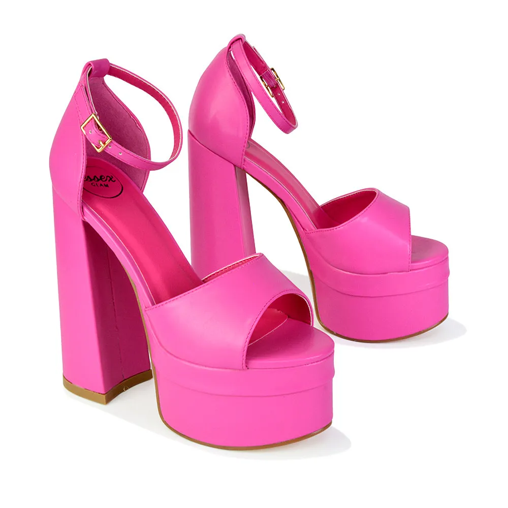 Elma Peep Toe Strappy Block High Heel Platform Sandals in Black Syntheitc Leather