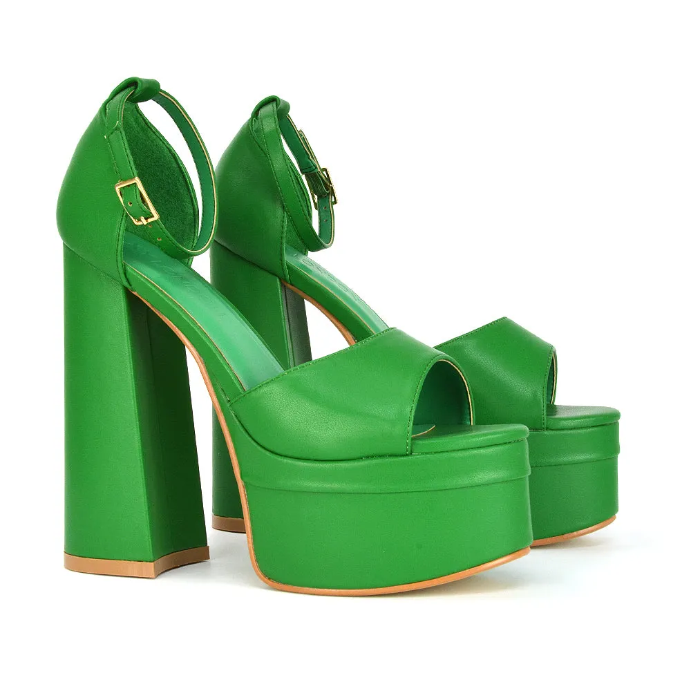 Elma Peep Toe Strappy Block High Heel Platform Sandals in Black Syntheitc Leather