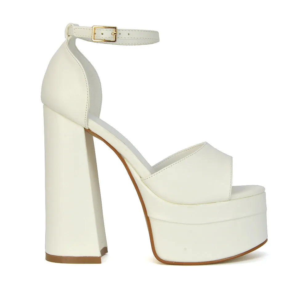 Elma Peep Toe Strappy Block High Heel Platform Sandals in Black Syntheitc Leather