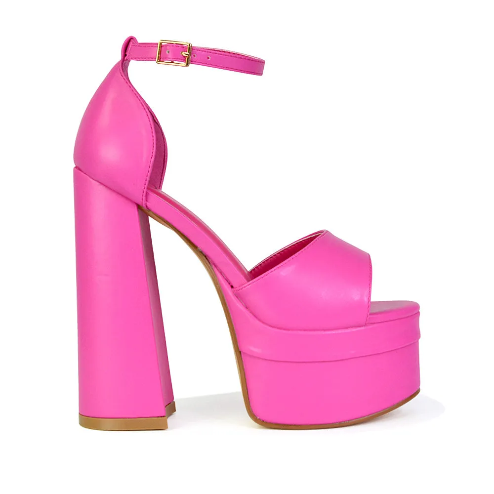Elma Peep Toe Strappy Block High Heel Platform Sandals in Black Syntheitc Leather