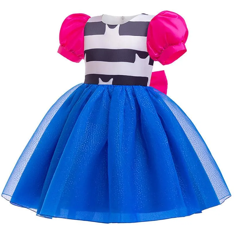 Fashion Striped Princess Dress Girl Sparkling Blue Puff Sleeve Dress Colorful Children's Party Dress