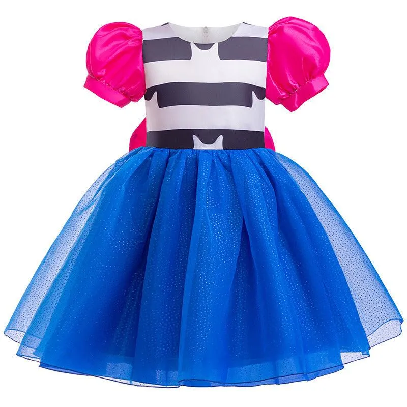 Fashion Striped Princess Dress Girl Sparkling Blue Puff Sleeve Dress Colorful Children's Party Dress