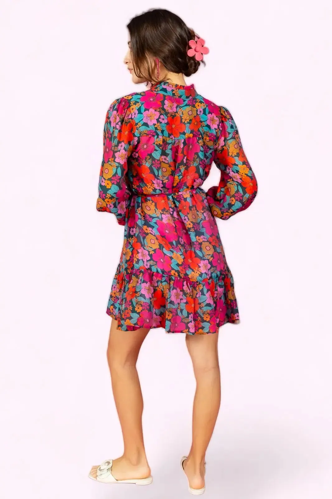 Full Bloom Floral Print Tie Waist Ruffle Dress