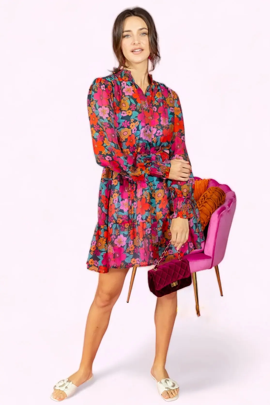 Full Bloom Floral Print Tie Waist Ruffle Dress