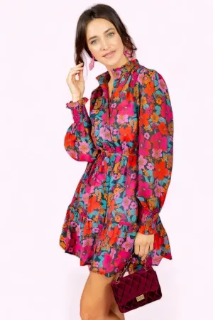 Full Bloom Floral Print Tie Waist Ruffle Dress