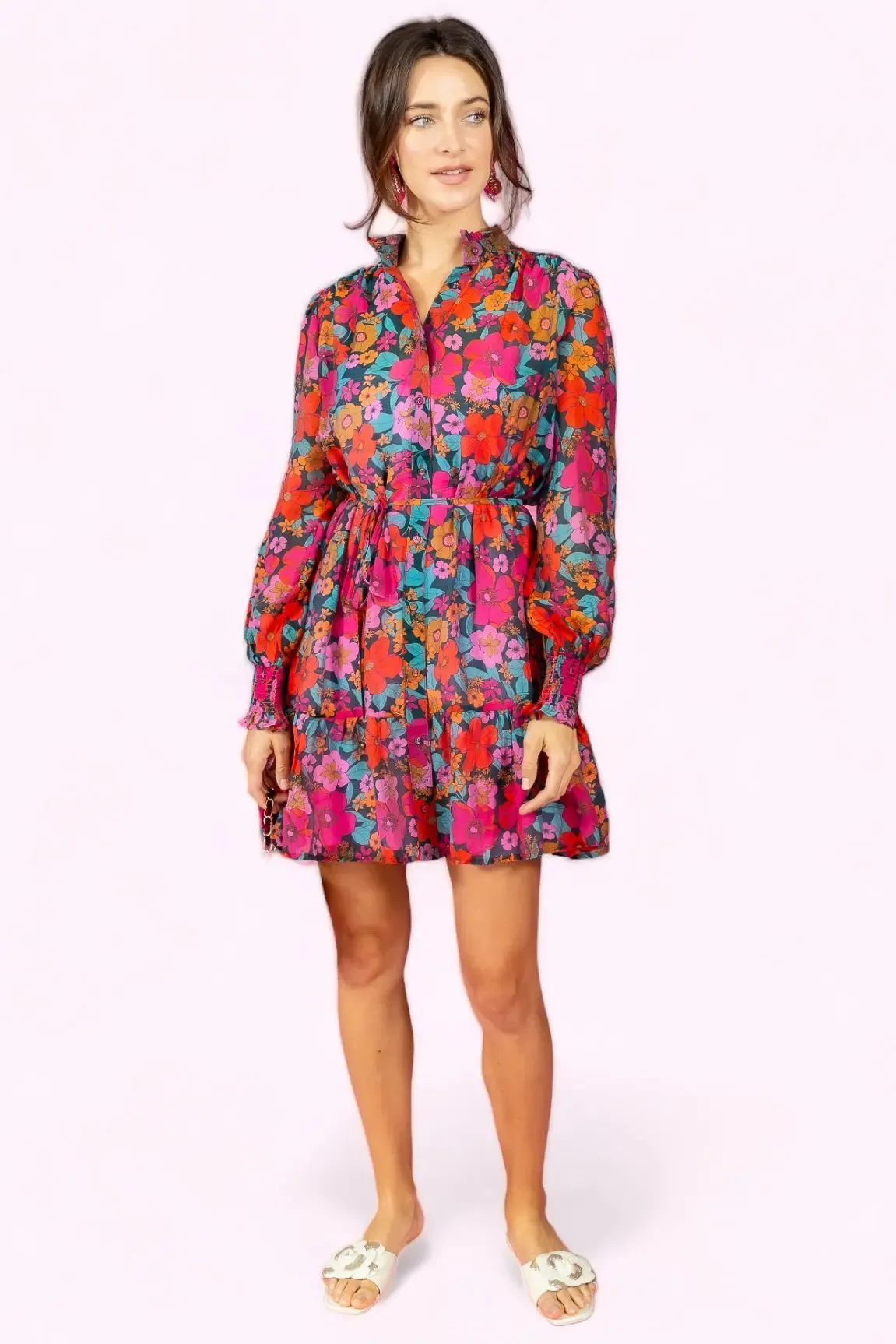 Full Bloom Floral Print Tie Waist Ruffle Dress
