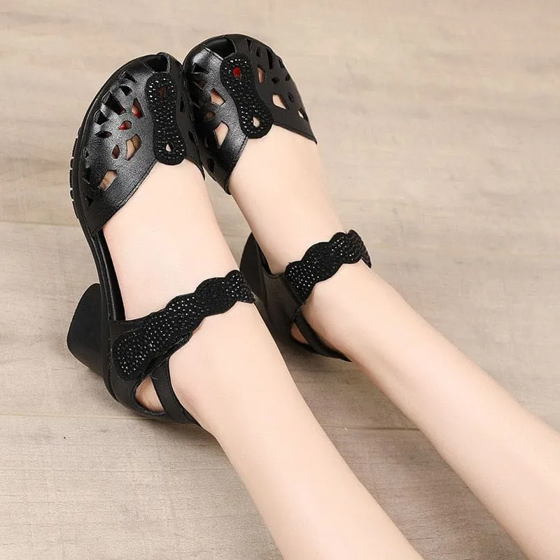 Genuine Leather Classic Black Peep Toe Hollow Ladies Sandals