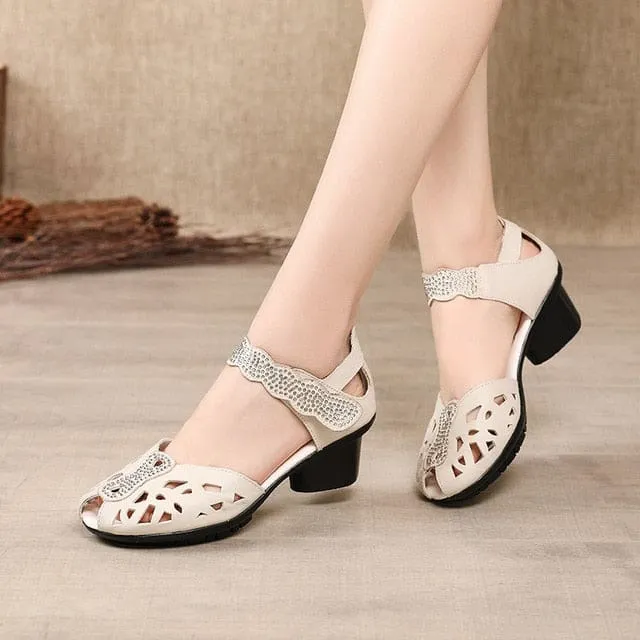 Genuine Leather Classic Black Peep Toe Hollow Ladies Sandals