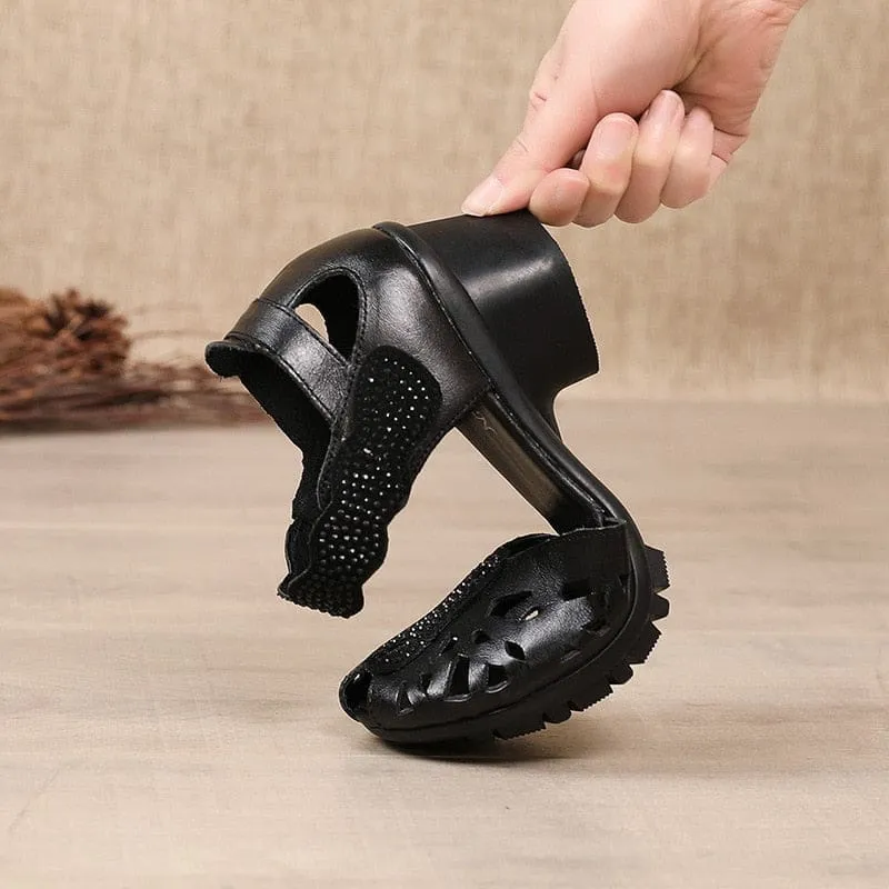Genuine Leather Classic Black Peep Toe Hollow Ladies Sandals