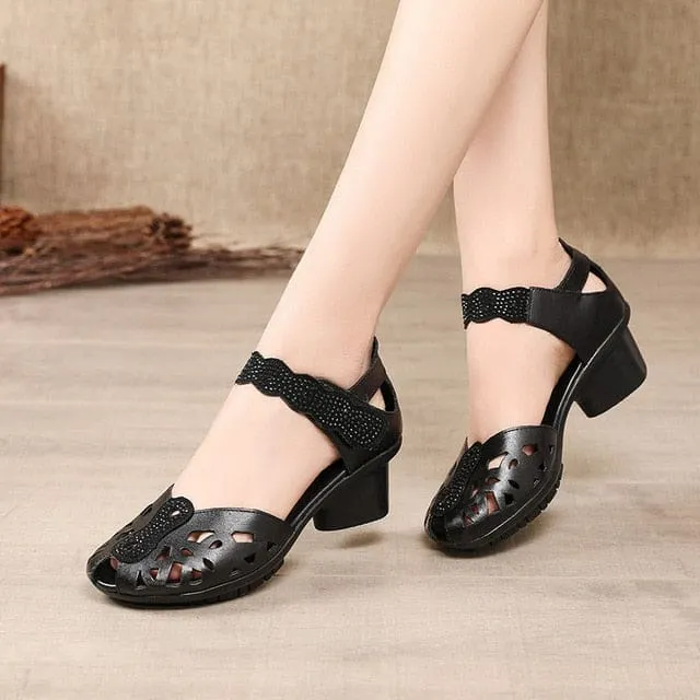 Genuine Leather Classic Black Peep Toe Hollow Ladies Sandals