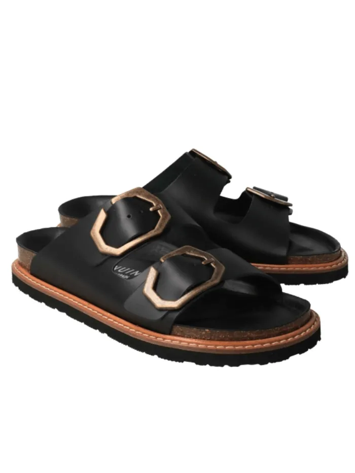 Genuins Footwear GALIA Leather Black Flat Sandals G105683