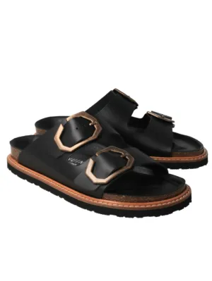 Genuins Footwear GALIA Leather Black Flat Sandals G105683